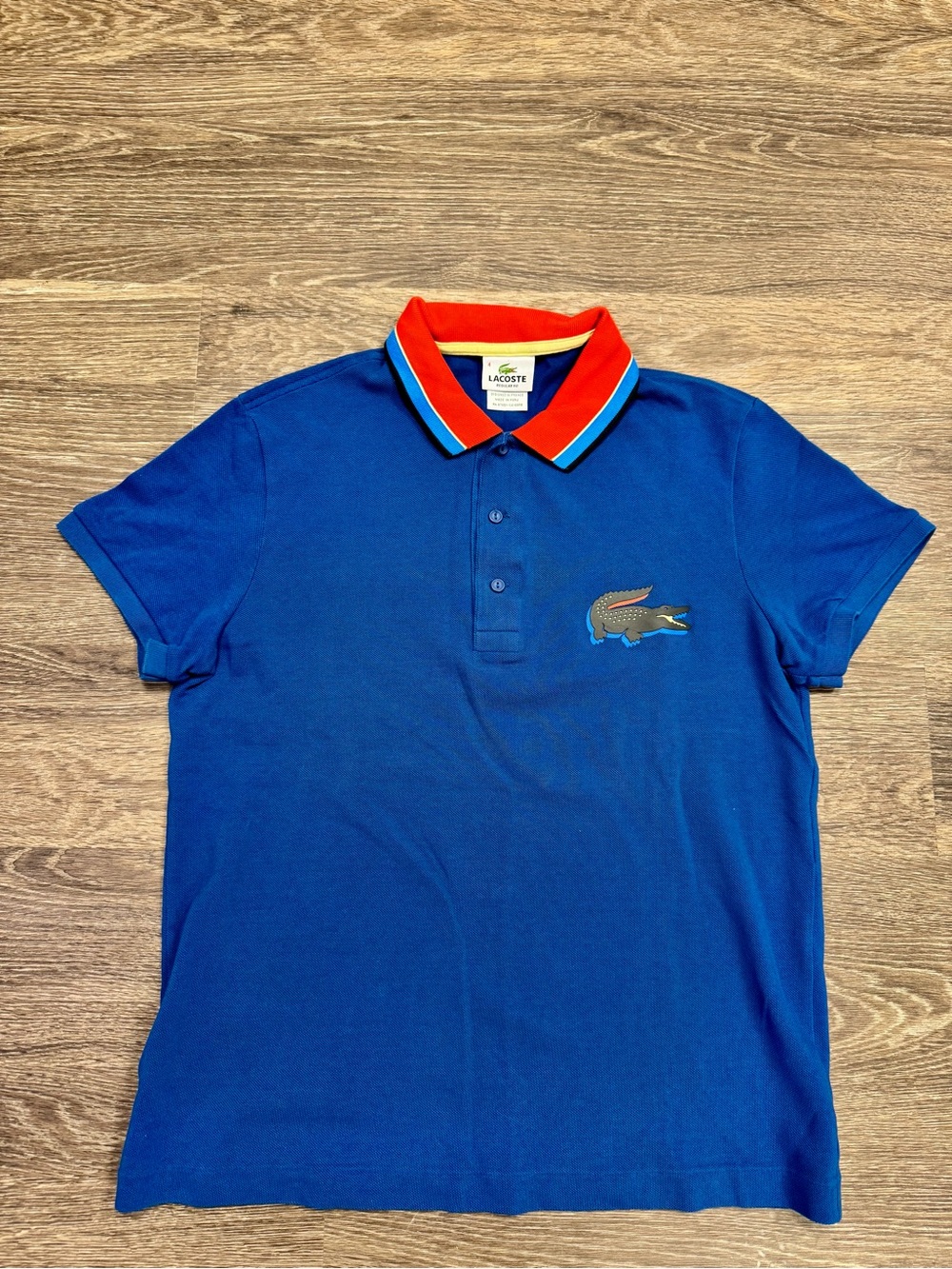 Lacoste Men’s Size 4 M Blue Polo Big Croc Logo Red Striped Collar Regular Fit